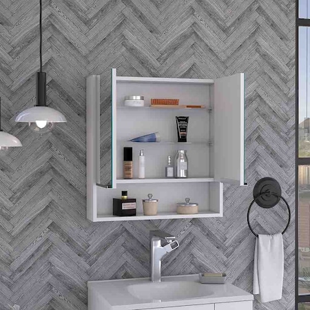 Tuhome Jaspe Mirror Cabinet, Three Internal Shelves, One Open Shelf, Double Door Cabinet, White GLB5550